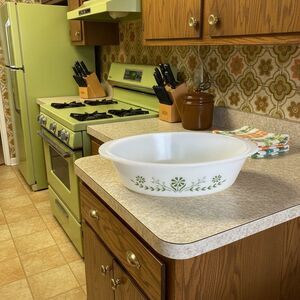 Glasbake J235 1QT Casserole Dish Green Daisy Milk Glass Oval No Lid Vintage